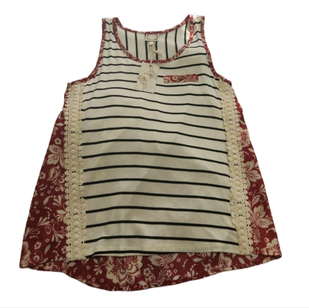 Thu Striped Long Tank Top With Red Floral Back